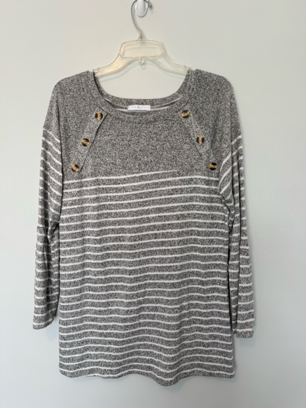 Women's Grey Striped Long Sleeve Button-Accent Top